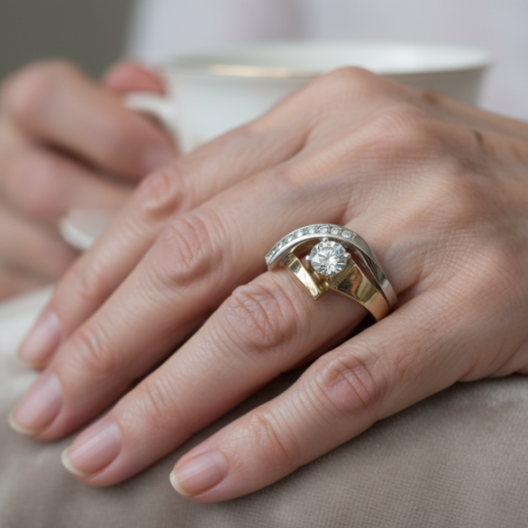 Vintage Irregular Ring in Gold and Silver with Zirconia