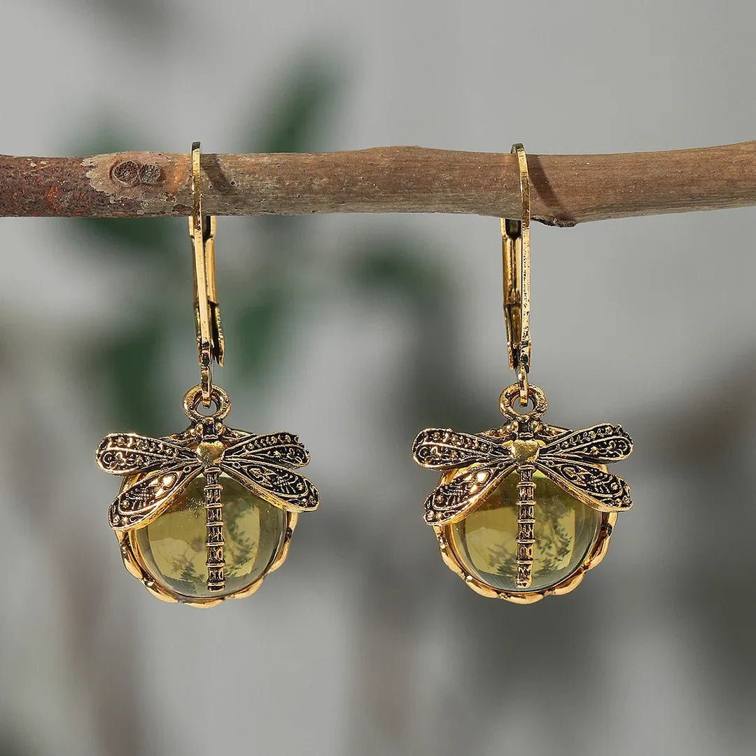 Dragonfly Sphere Earrings in Antique Silver