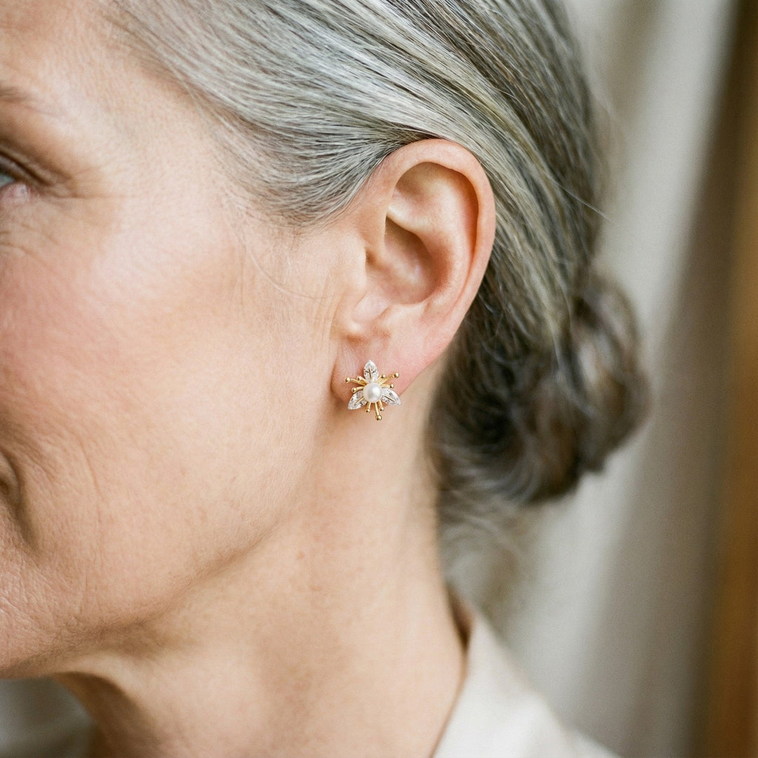 Flower Earrings with Crystals and Pearls
