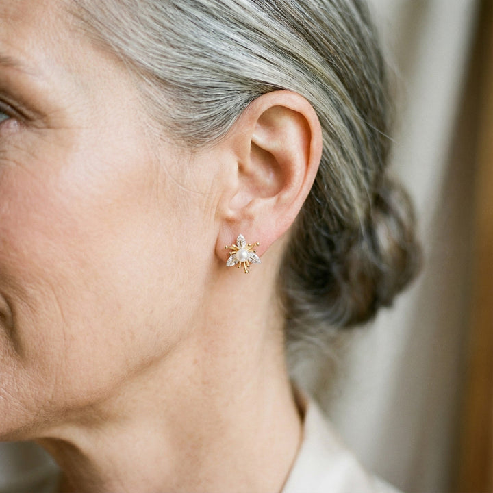 Flower Earrings with Crystals and Pearls