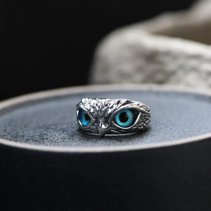 Adjustable Silver Owl Lucky Ring with Opal