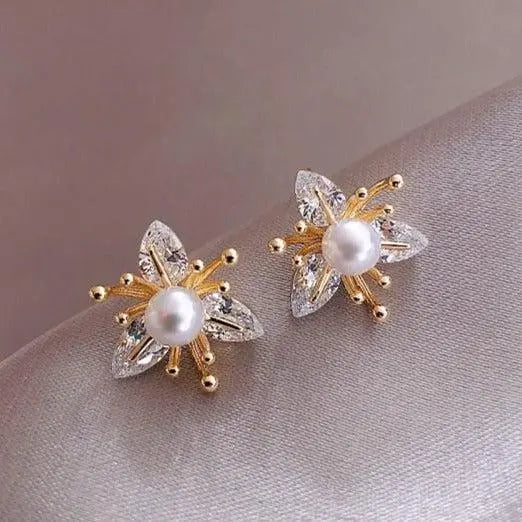 Flower Earrings with Crystals and Pearls