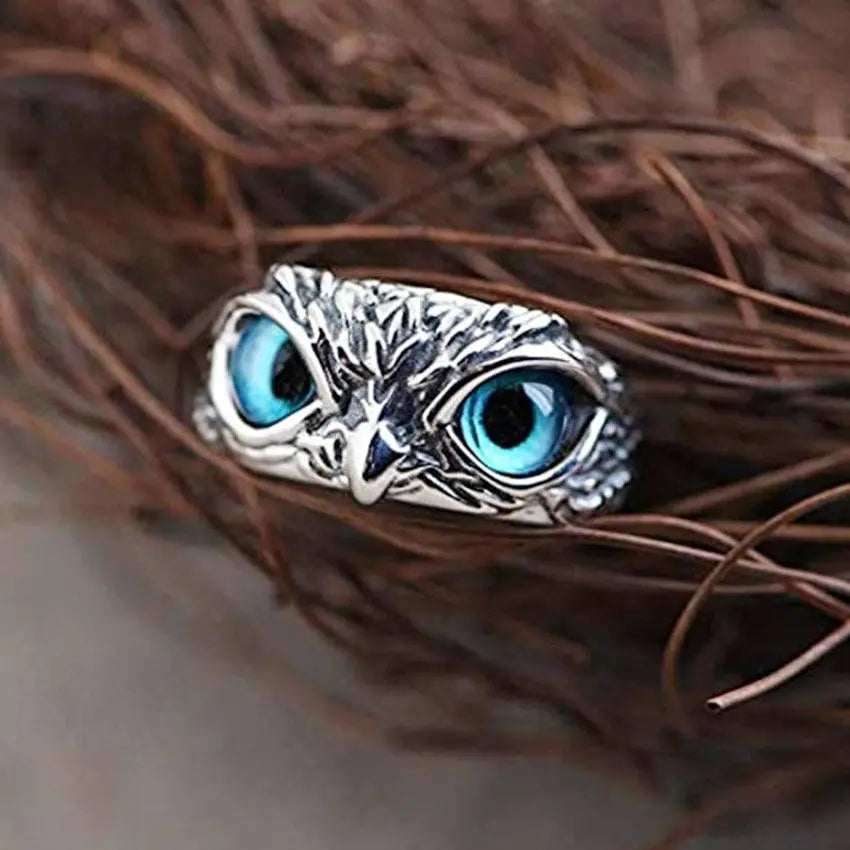 Adjustable Silver Owl Lucky Ring with Opal