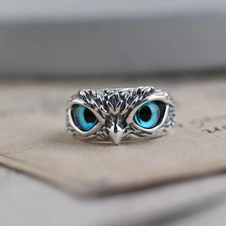 Adjustable Silver Owl Lucky Ring with Opal