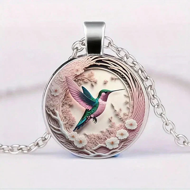 Necklace with Hummingbird Pendant and Glass Dome