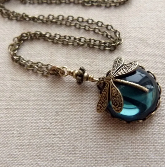 Retro Green Crystal Dragonfly Necklace