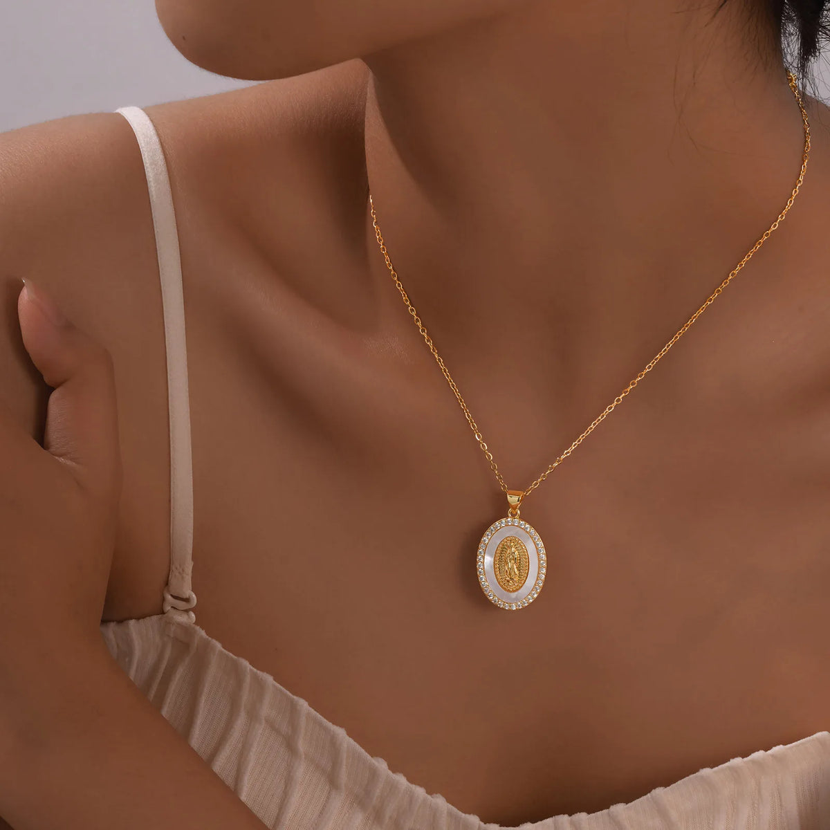 Necklace with Oval Virgin Mary Pendant