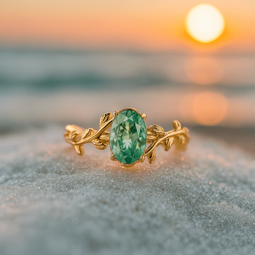 Green Agate Ring with Leaf Pattern