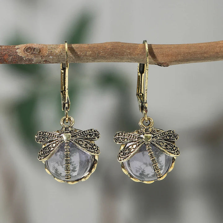 Dragonfly Sphere Earrings in Antique Silver