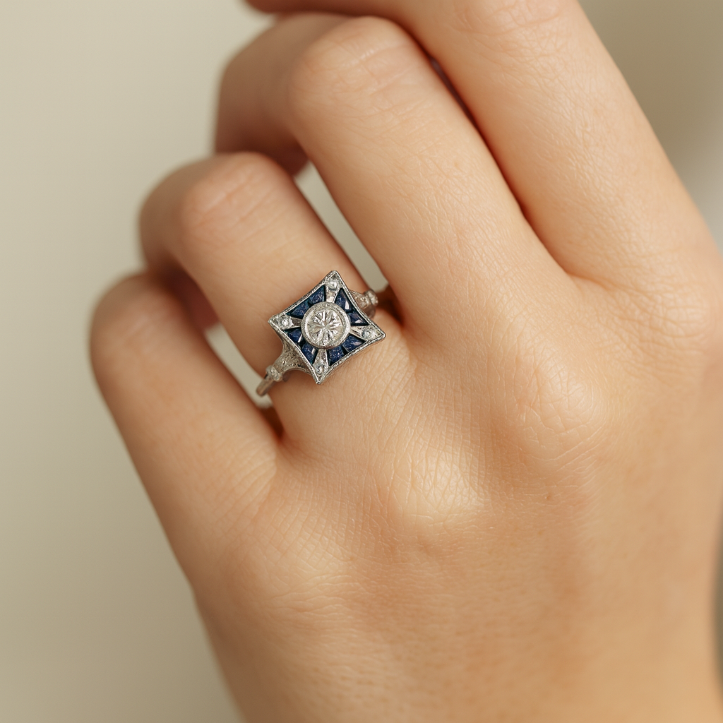 Vintage Square Ring with Blue Zirconia