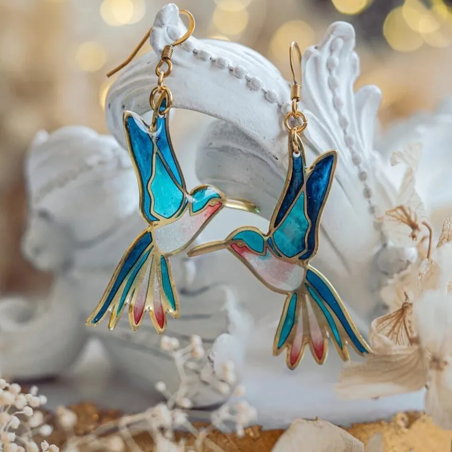 Drop Earrings with Hummingbird in Blue Enamel