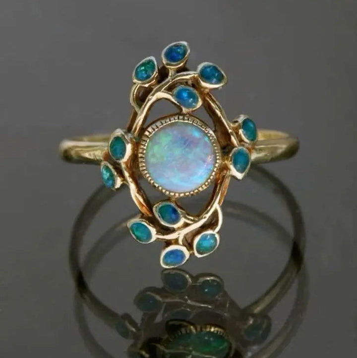 Vintage Blue Ring with Crystals and Opal