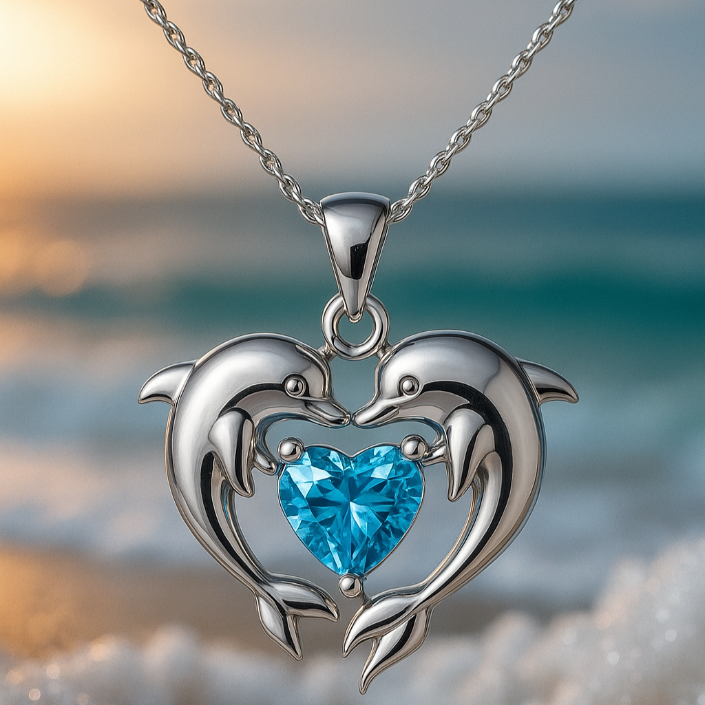 Timeless Double Dolphin Necklace with Opal-Coloured Stone