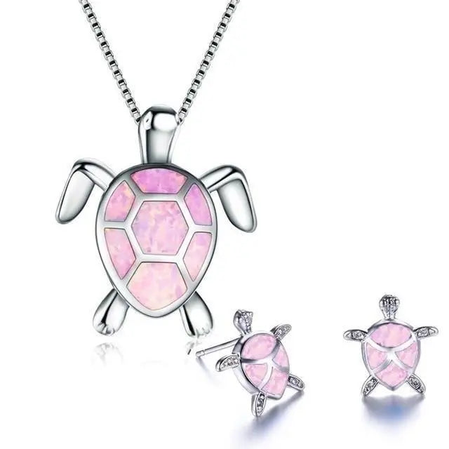 Sea Turtle Necklace and Earring Set in Opal and Silver